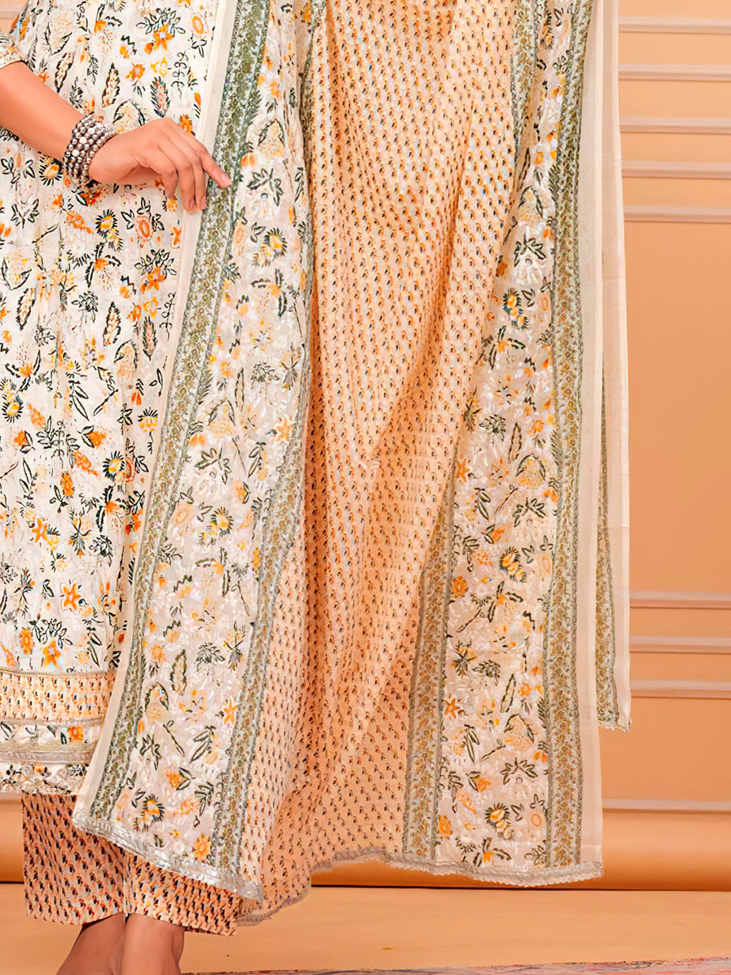 Embroidered & Botanical Printed Flared Kurta With Pant & Dupatta Luxury Premium, Yellow - Hiral Fashion | Grocsy