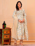 Embroidered & Botanical Printed Flared Kurta With Pant & Dupatta Luxury Premium, Yellow - Hiral Fashion | Grocsy