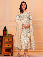 Embroidered & Botanical Printed Flared Kurta With Pant & Dupatta Luxury Premium, Yellow - Hiral Fashion | Grocsy