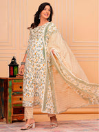 Embroidered & Botanical Printed Flared Kurta With Pant & Dupatta Luxury Premium, Yellow - Hiral Fashion | Grocsy