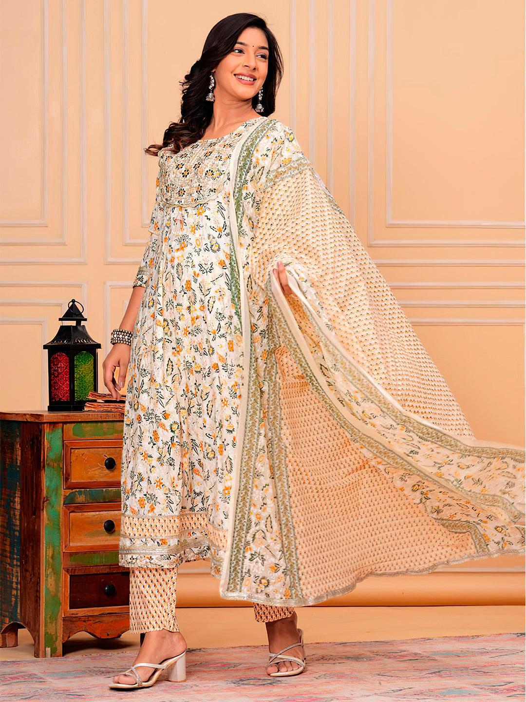 Embroidered & Botanical Printed Flared Kurta With Pant & Dupatta Luxury Premium, Yellow - Hiral Fashion | Grocsy