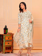 Embroidered & Botanical Printed Flared Kurta With Pant & Dupatta Luxury Premium, Yellow - Hiral Fashion | Grocsy