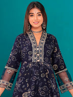 Embroidered & Bandhani Printed Kurta With Pant & Dupatta, Navy Blue - Hiral Fashion | Grocsy