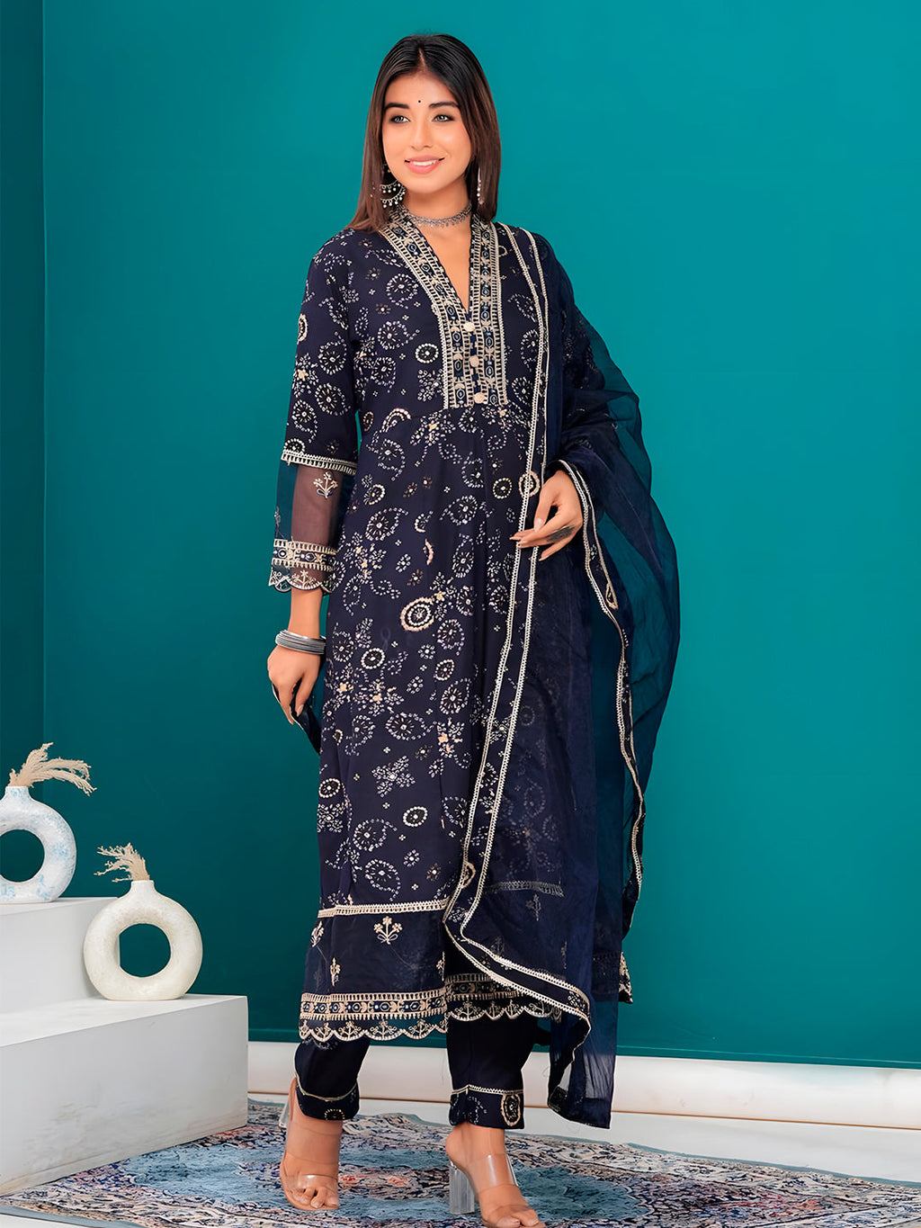 Embroidered & Bandhani Printed Kurta With Pant & Dupatta, Navy Blue - Hiral Fashion | Grocsy