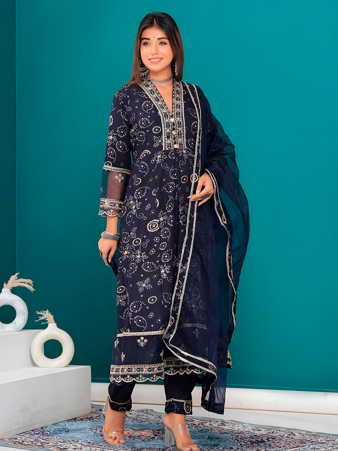 Embroidered & Bandhani Printed Kurta With Pant & Dupatta, Navy Blue - Hiral Fashion | Grocsy
