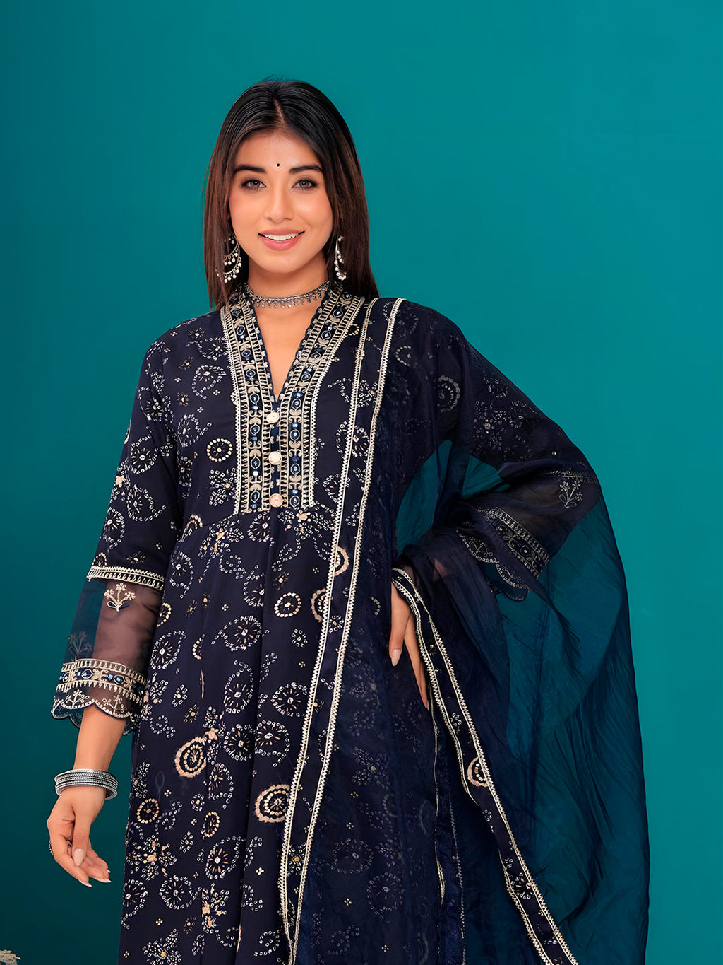 Embroidered & Bandhani Printed Kurta With Pant & Dupatta, Navy Blue - Hiral Fashion | Grocsy