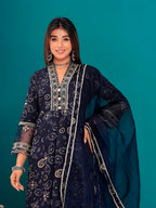 Embroidered & Bandhani Printed Kurta With Pant & Dupatta, Navy Blue - Hiral Fashion | Grocsy