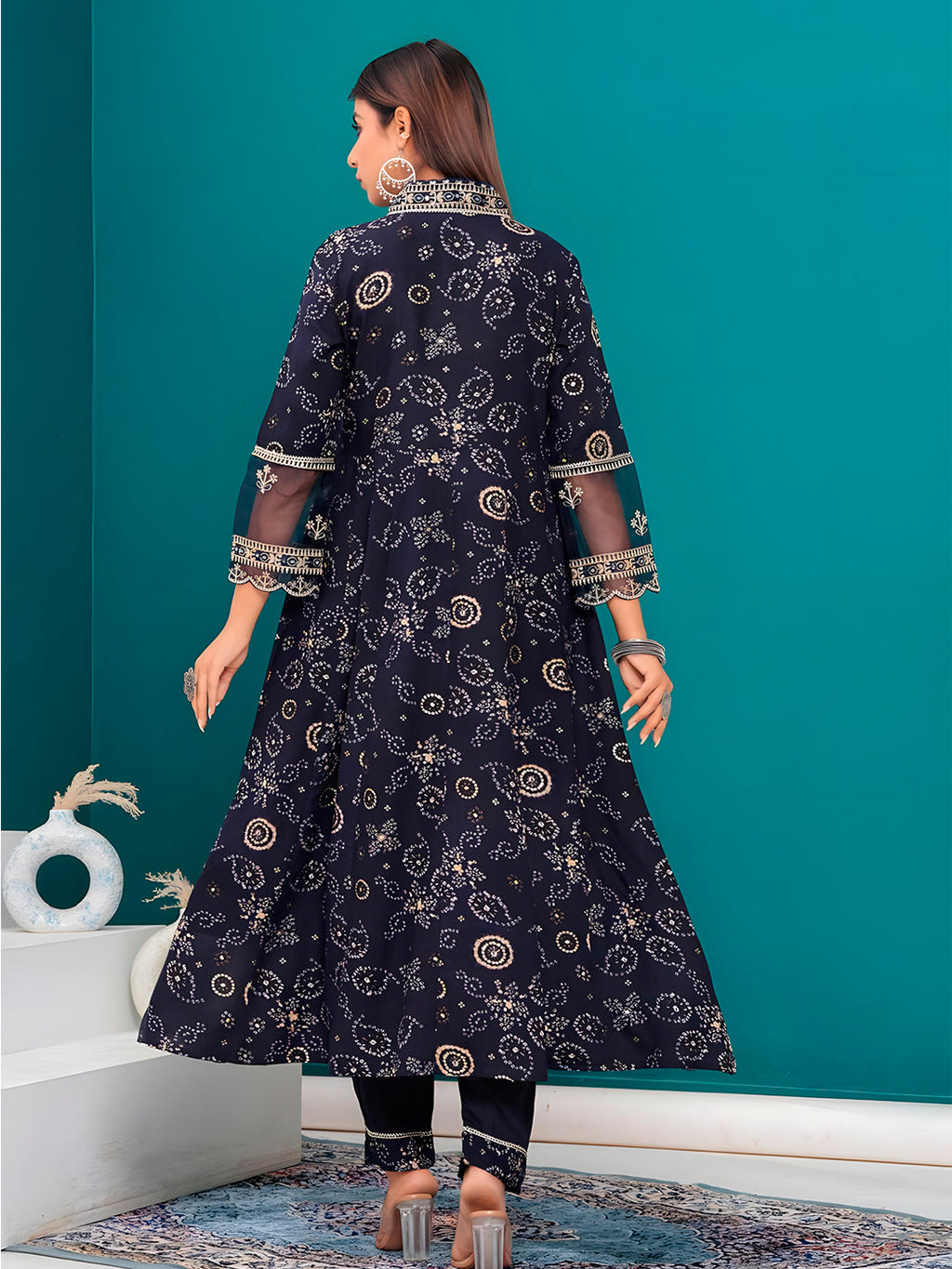 Embroidered & Bandhani Printed Kurta With Pant & Dupatta, Navy Blue - Hiral Fashion | Grocsy