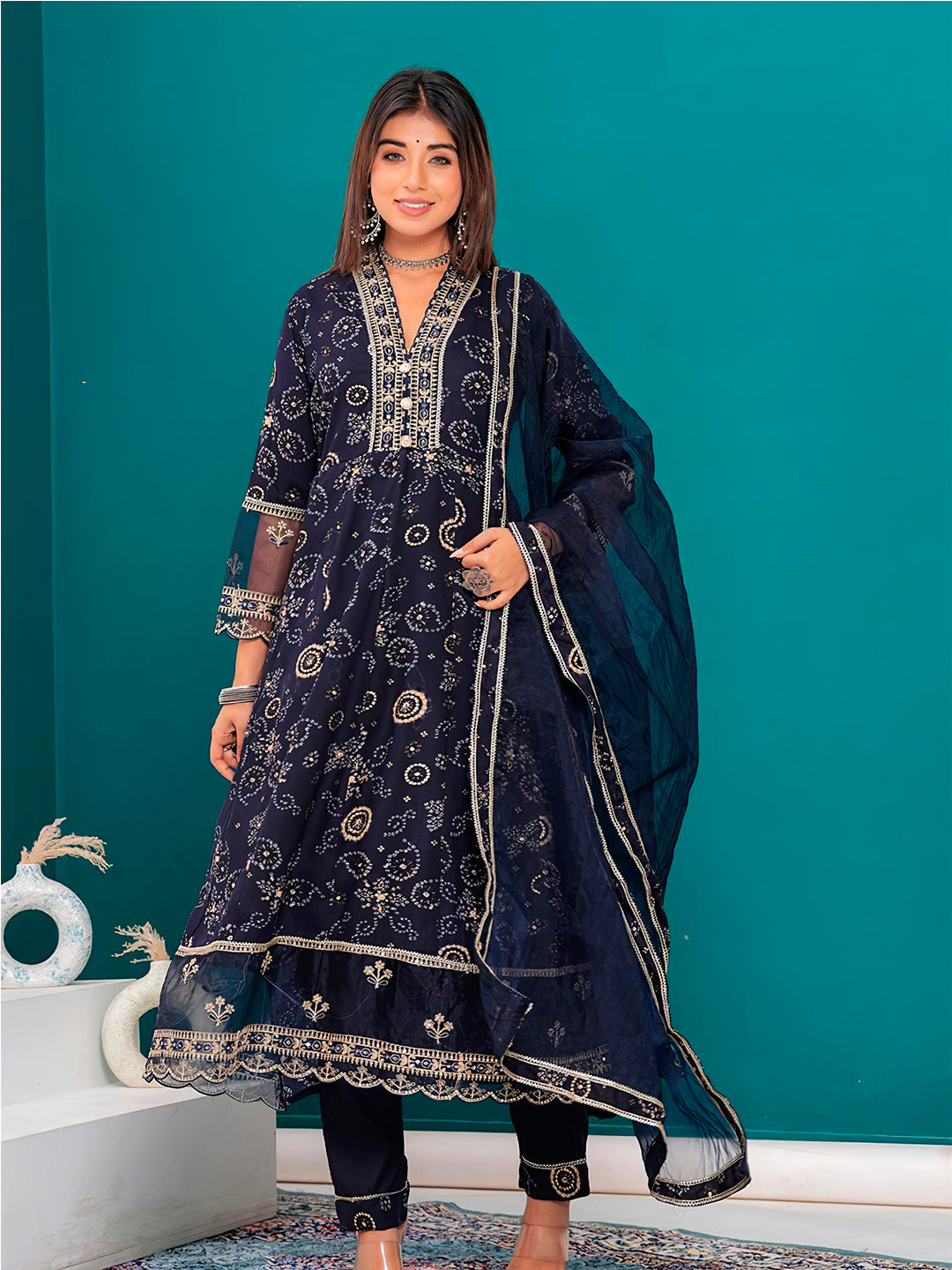 Embroidered & Bandhani Printed Kurta With Pant & Dupatta, Navy Blue - Hiral Fashion | Grocsy