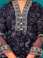 Embroidered & Bandhani Printed Kurta With Pant & Dupatta, Navy Blue - Hiral Fashion | Grocsy