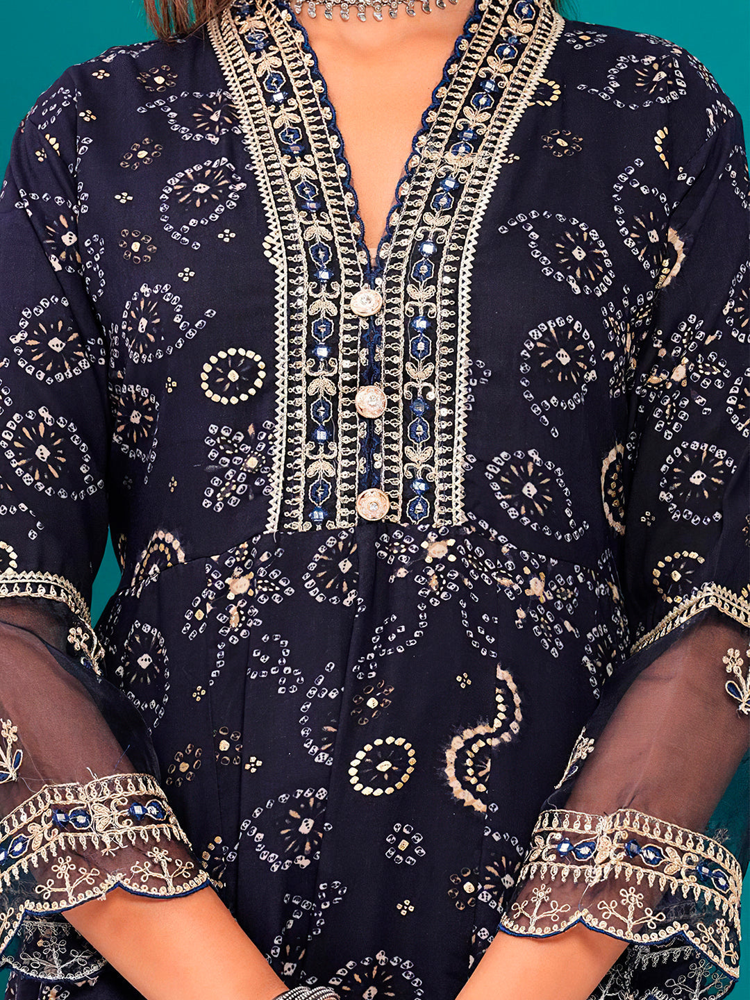 Embroidered & Bandhani Printed Kurta With Pant & Dupatta, Navy Blue - Hiral Fashion | Grocsy