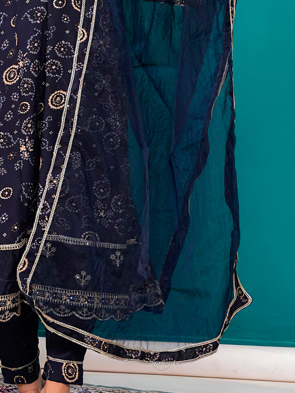 Embroidered & Bandhani Printed Kurta With Pant & Dupatta, Navy Blue - Hiral Fashion | Grocsy