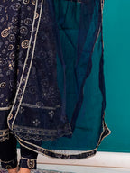 Embroidered & Bandhani Printed Kurta With Pant & Dupatta, Navy Blue - Hiral Fashion | Grocsy