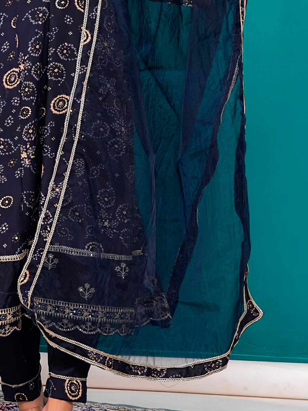 Embroidered & Bandhani Printed Kurta With Pant & Dupatta, Navy Blue - Hiral Fashion | Grocsy