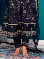 Embroidered & Bandhani Printed Kurta With Pant & Dupatta, Navy Blue - Hiral Fashion | Grocsy