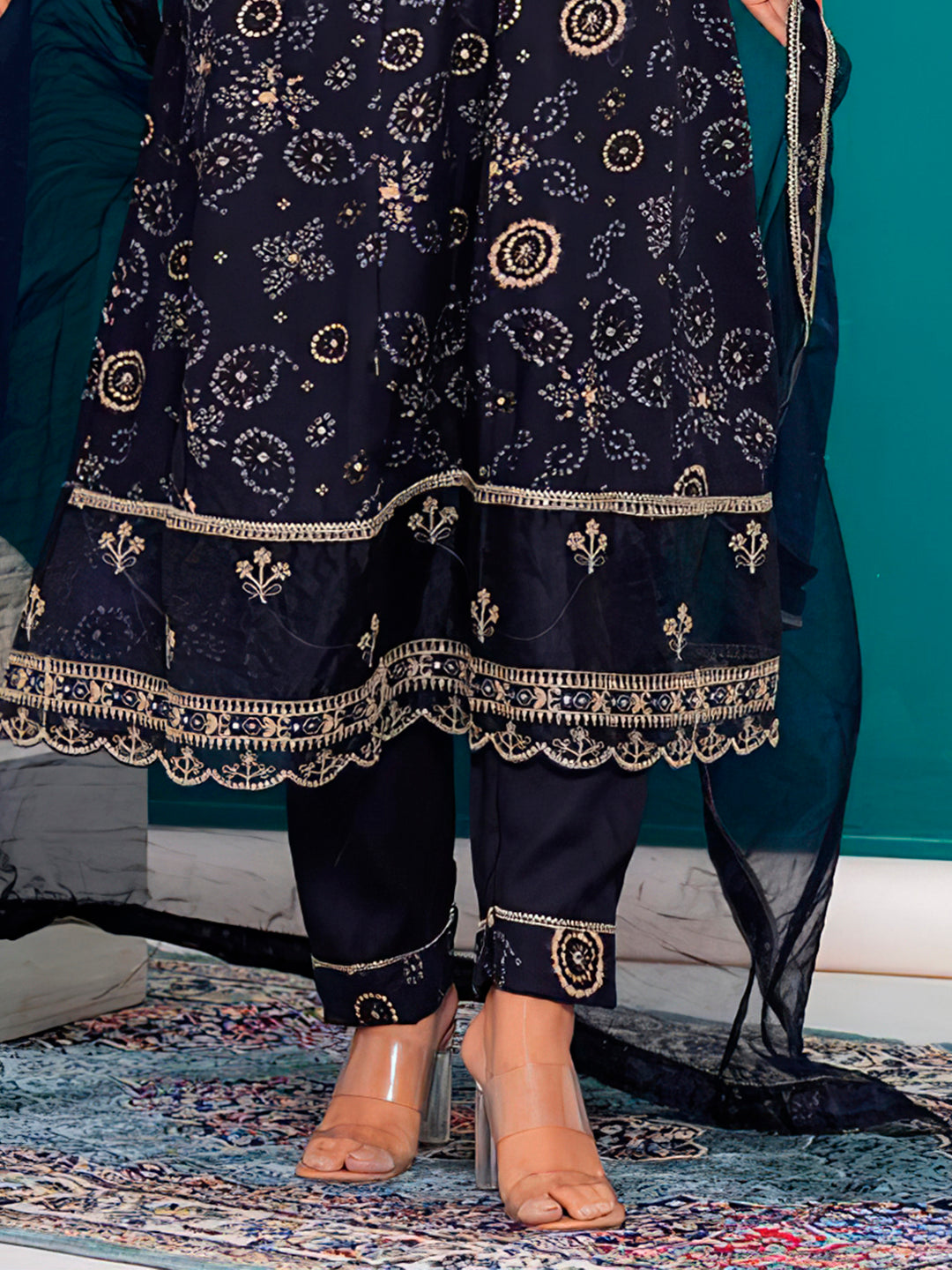 Embroidered & Bandhani Printed Kurta With Pant & Dupatta, Navy Blue - Hiral Fashion | Grocsy