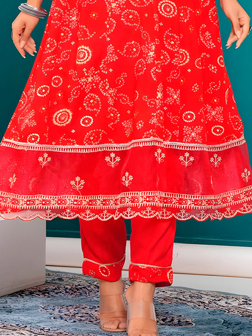 Embroidered & Bandhani Printed Kurta With Pant & Dupatta, Red - Hiral Fashion | Grocsy