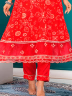 Embroidered & Bandhani Printed Kurta With Pant & Dupatta, Red - Hiral Fashion | Grocsy