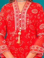 Embroidered & Bandhani Printed Kurta With Pant & Dupatta, Red - Hiral Fashion | Grocsy