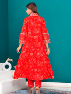 Embroidered & Bandhani Printed Kurta With Pant & Dupatta, Red - Hiral Fashion | Grocsy