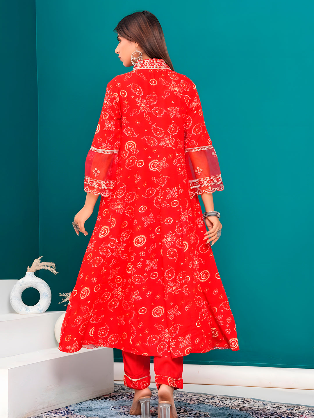 Embroidered & Bandhani Printed Kurta With Pant & Dupatta, Red - Hiral Fashion | Grocsy