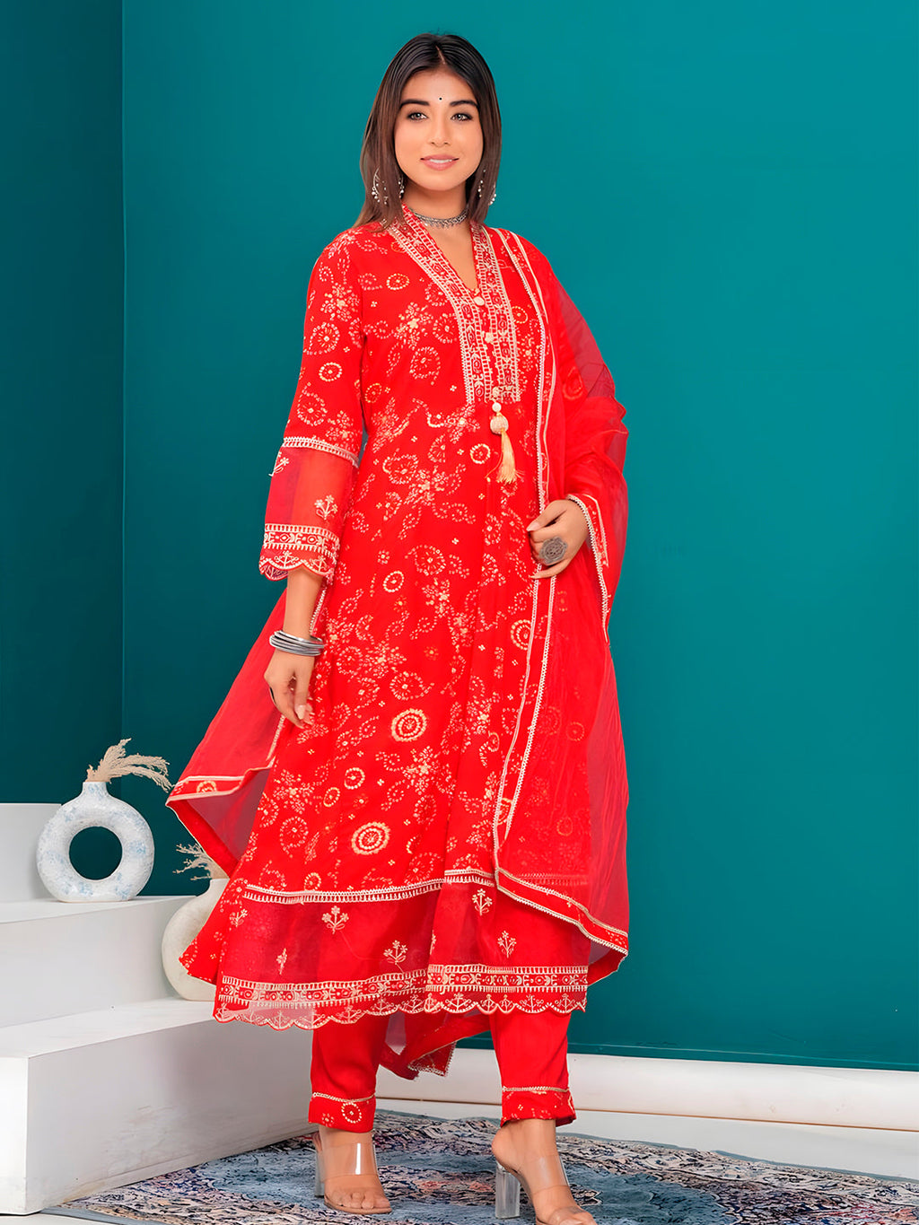 Embroidered & Bandhani Printed Kurta With Pant & Dupatta, Red - Hiral Fashion | Grocsy