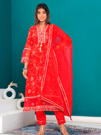 Embroidered & Bandhani Printed Kurta With Pant & Dupatta, Red - Hiral Fashion | Grocsy