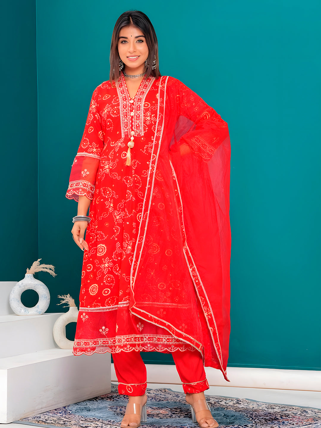 Embroidered & Bandhani Printed Kurta With Pant & Dupatta, Red - Hiral Fashion | Grocsy