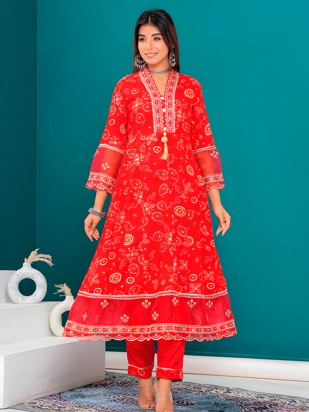 Embroidered & Bandhani Printed Kurta With Pant & Dupatta, Red - Hiral Fashion | Grocsy