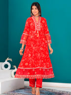 Embroidered & Bandhani Printed Kurta With Pant & Dupatta, Red - Hiral Fashion | Grocsy