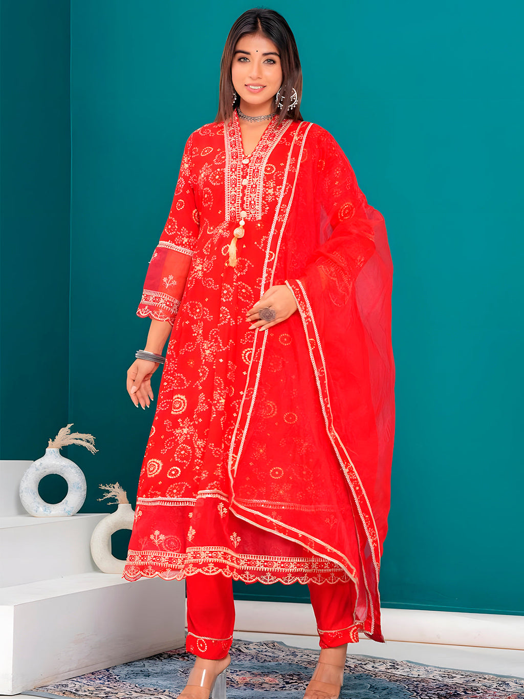 Embroidered & Bandhani Printed Kurta With Pant & Dupatta, Red - Hiral Fashion | Grocsy