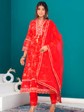 Embroidered & Bandhani Printed Kurta With Pant & Dupatta, Red - Hiral Fashion | Grocsy