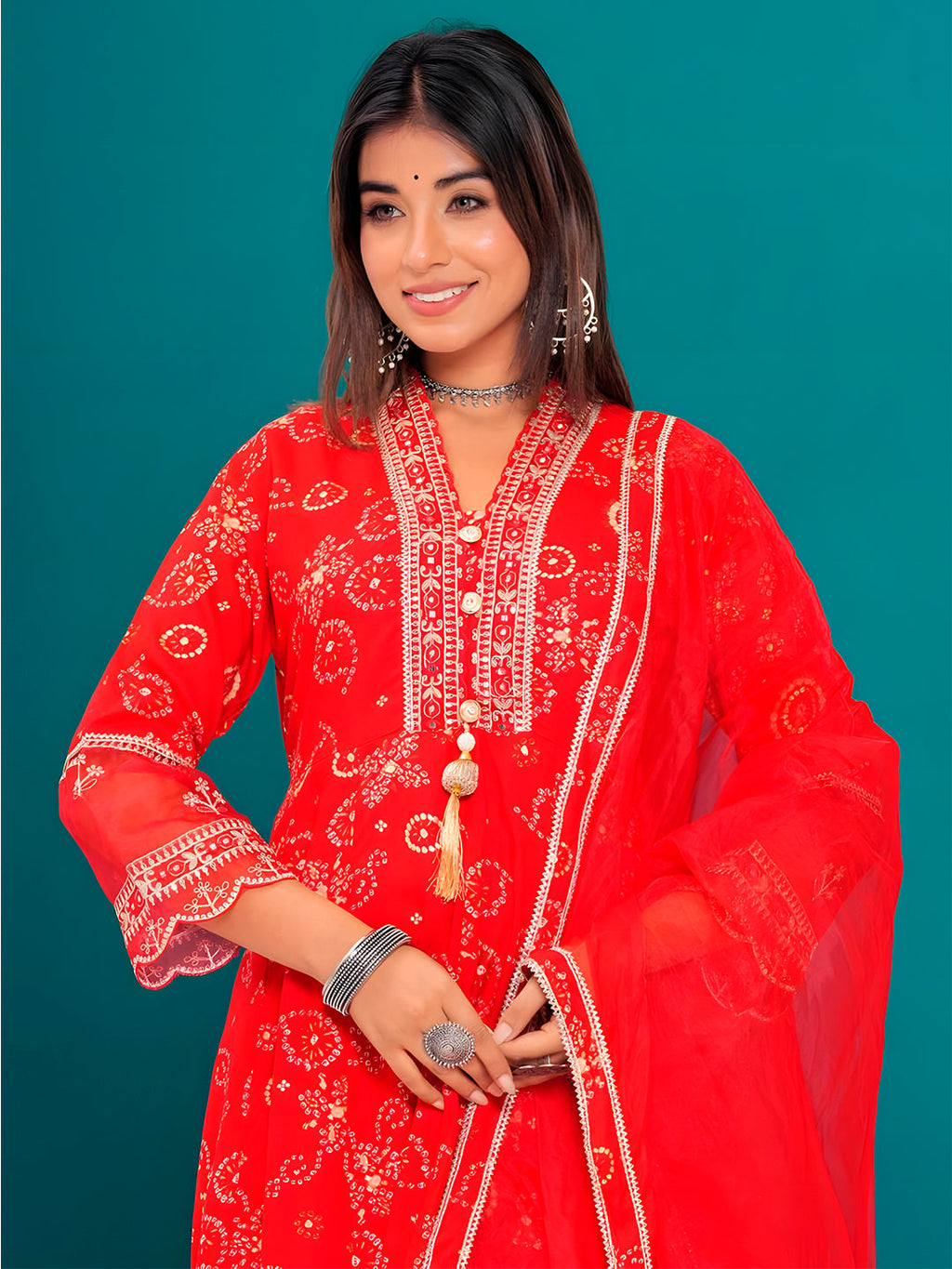 Embroidered & Bandhani Printed Kurta With Pant & Dupatta, Red - Hiral Fashion | Grocsy