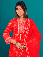 Embroidered & Bandhani Printed Kurta With Pant & Dupatta, Red - Hiral Fashion | Grocsy
