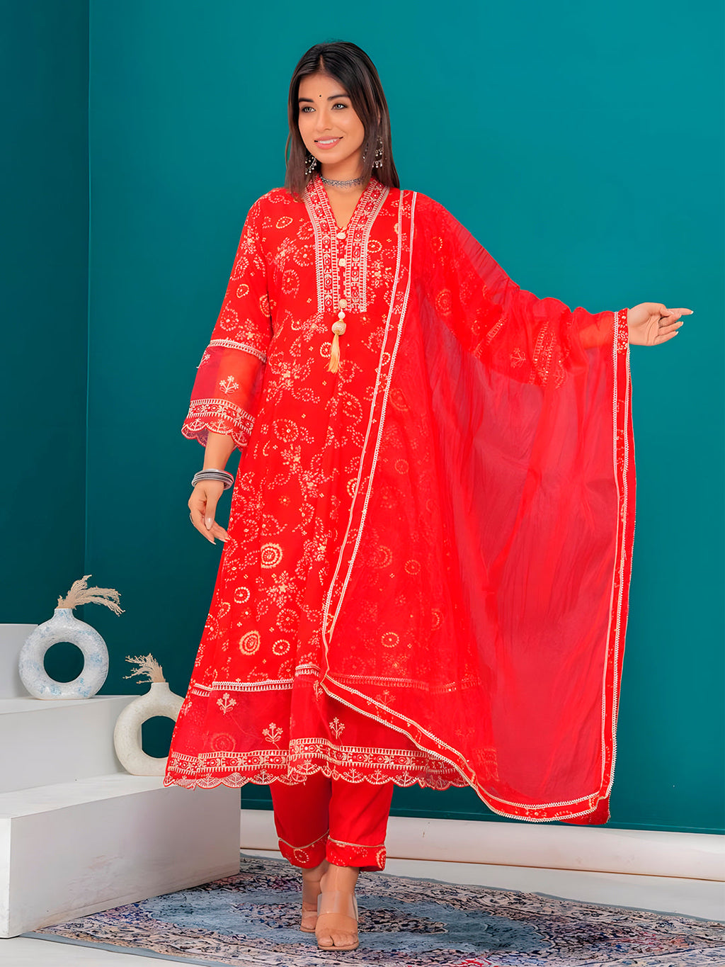 Embroidered & Bandhani Printed Kurta With Pant & Dupatta, Red - Hiral Fashion | Grocsy