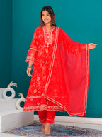 Embroidered & Bandhani Printed Kurta With Pant & Dupatta, Red - Hiral Fashion | Grocsy