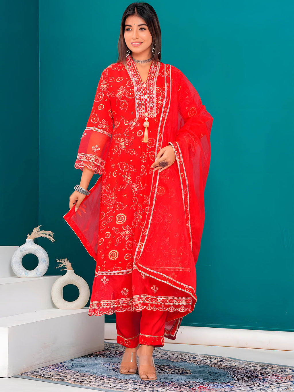 Embroidered & Bandhani Printed Kurta With Pant & Dupatta, Red - Hiral Fashion | Grocsy