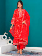 Embroidered & Bandhani Printed Kurta With Pant & Dupatta, Red - Hiral Fashion | Grocsy