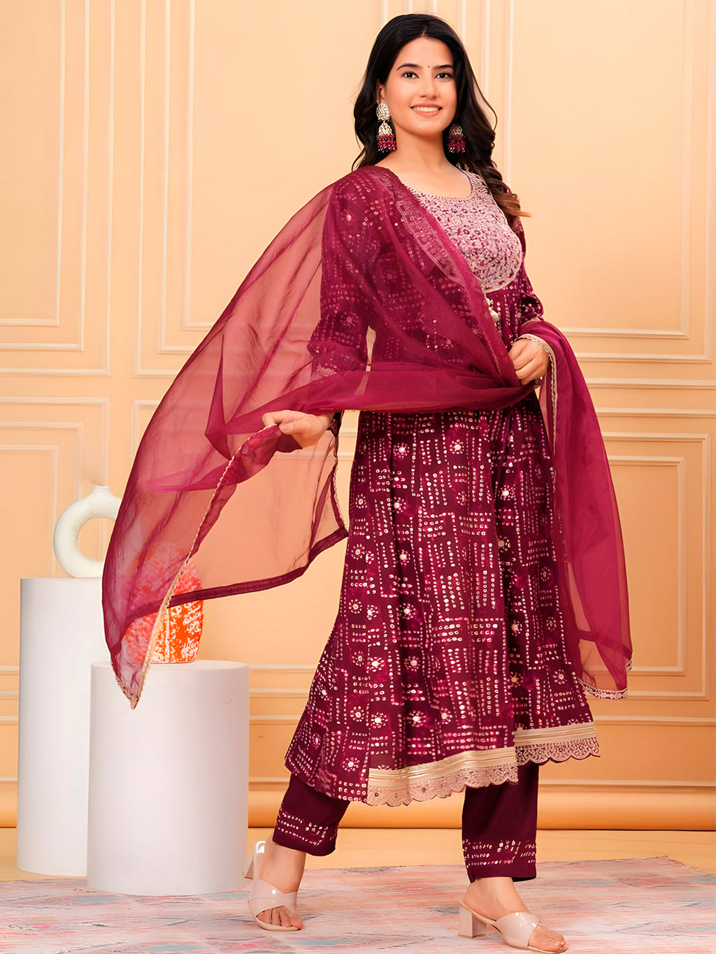Embroidered & Bandhani Printed Kurta With Pant & Dupatta, Purple - Hiral Fashion | Grocsy