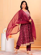 Embroidered & Bandhani Printed Kurta With Pant & Dupatta, Purple - Hiral Fashion | Grocsy