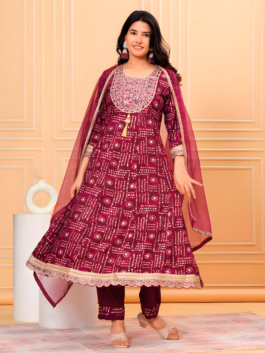 Embroidered & Bandhani Printed Kurta With Pant & Dupatta, Purple - Hiral Fashion | Grocsy