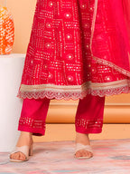 Embroidered & Bandhani Printed Kurta With Pant & Dupatta, Pink - Hiral Fashion | Grocsy