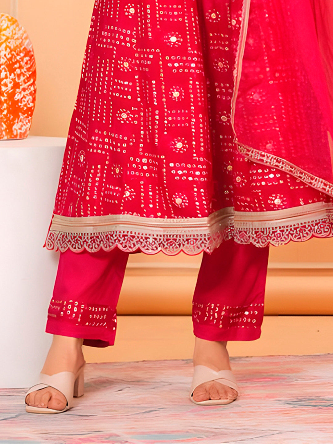 Embroidered & Bandhani Printed Kurta With Pant & Dupatta, Pink - Hiral Fashion | Grocsy