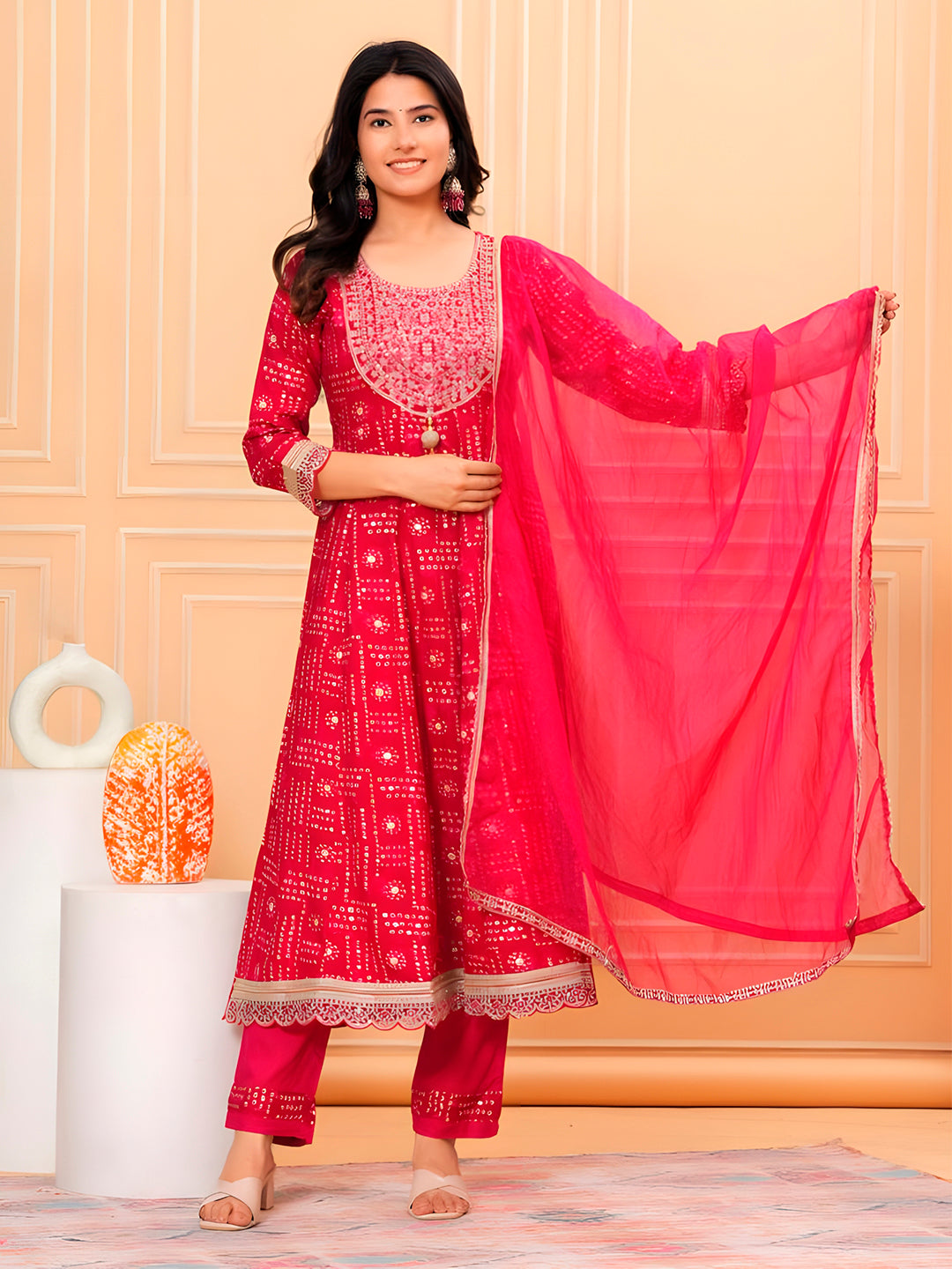 Embroidered & Bandhani Printed Kurta With Pant & Dupatta, Pink - Hiral Fashion | Grocsy