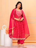 Embroidered & Bandhani Printed Kurta With Pant & Dupatta, Pink - Hiral Fashion | Grocsy