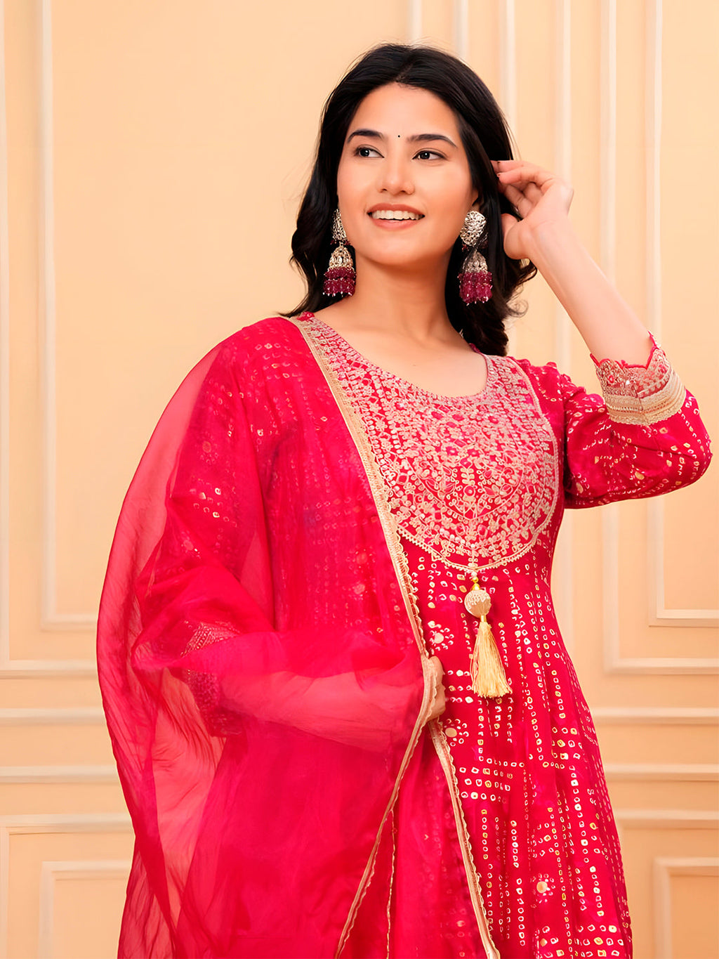 Embroidered & Bandhani Printed Kurta With Pant & Dupatta, Pink - Hiral Fashion | Grocsy