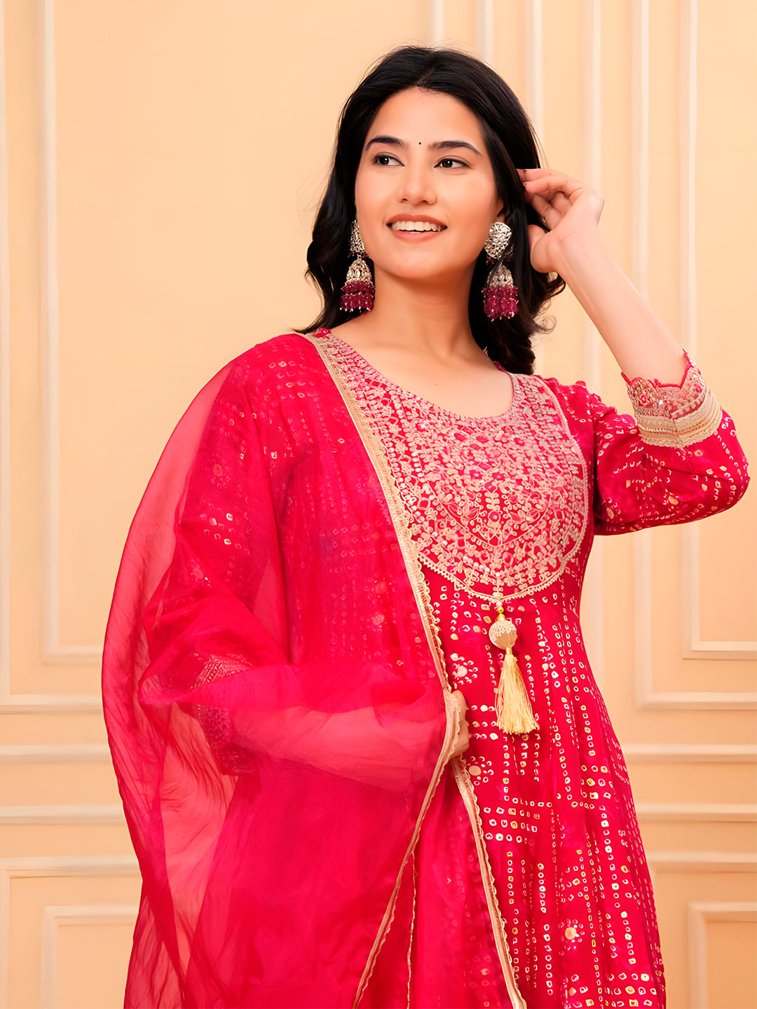Embroidered & Bandhani Printed Kurta With Pant & Dupatta, Pink - Hiral Fashion | Grocsy