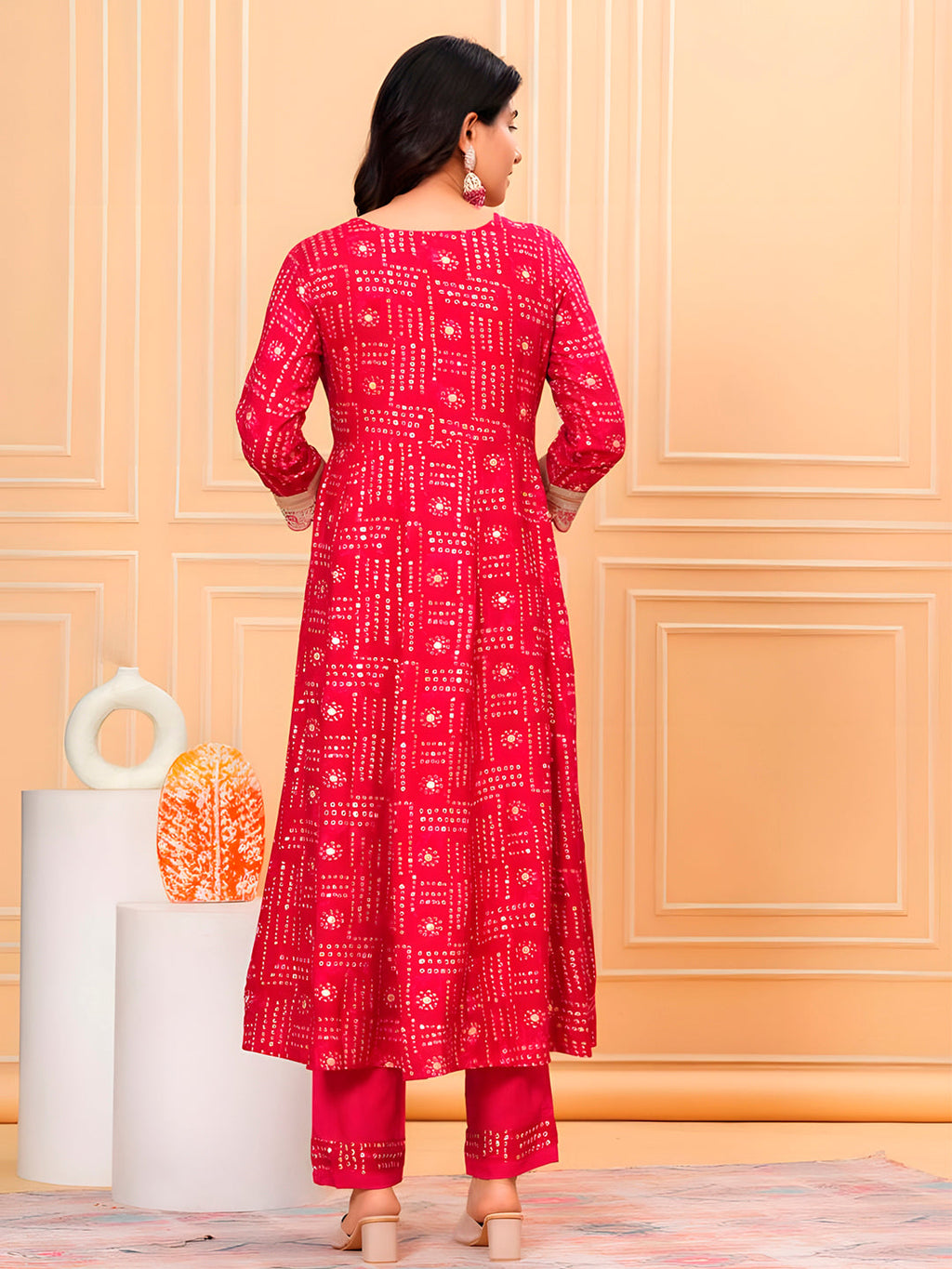 Embroidered & Bandhani Printed Kurta With Pant & Dupatta, Pink - Hiral Fashion | Grocsy