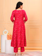 Embroidered & Bandhani Printed Kurta With Pant & Dupatta, Pink - Hiral Fashion | Grocsy