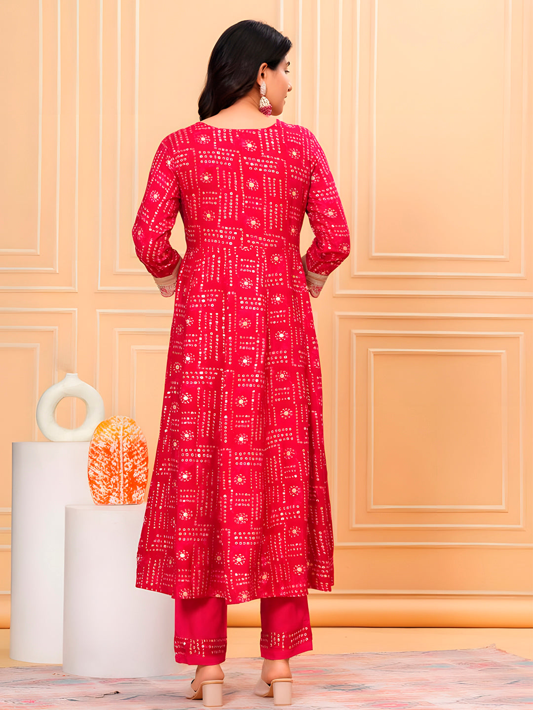Embroidered & Bandhani Printed Kurta With Pant & Dupatta, Pink - Hiral Fashion | Grocsy